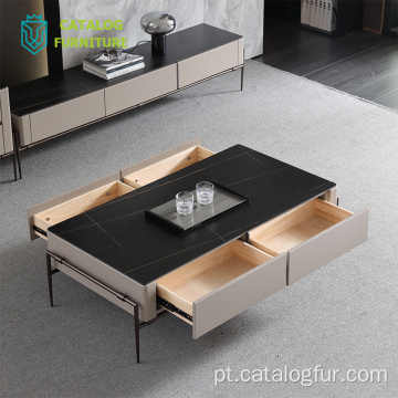 Conjunto de mesa de centro de madeira maciça com tampo em pedra sinterizada estilo nórdico moderno e suporte para armário de TV